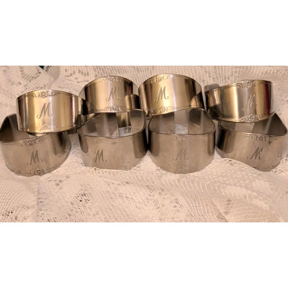 Vtg Customcraft Stainless Steel Engraved Floral Monogram M Napkin Rings Set of 8